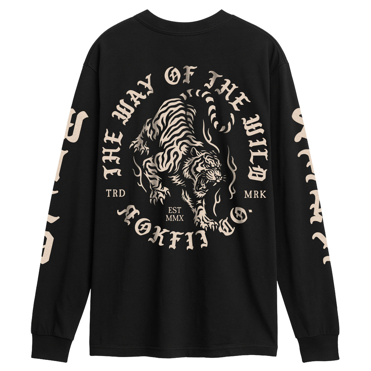Black long-sleeve shirt with white tiger graphic and text on a white background