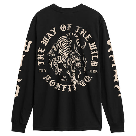 Black long-sleeve shirt with white tiger graphic and text on a white background