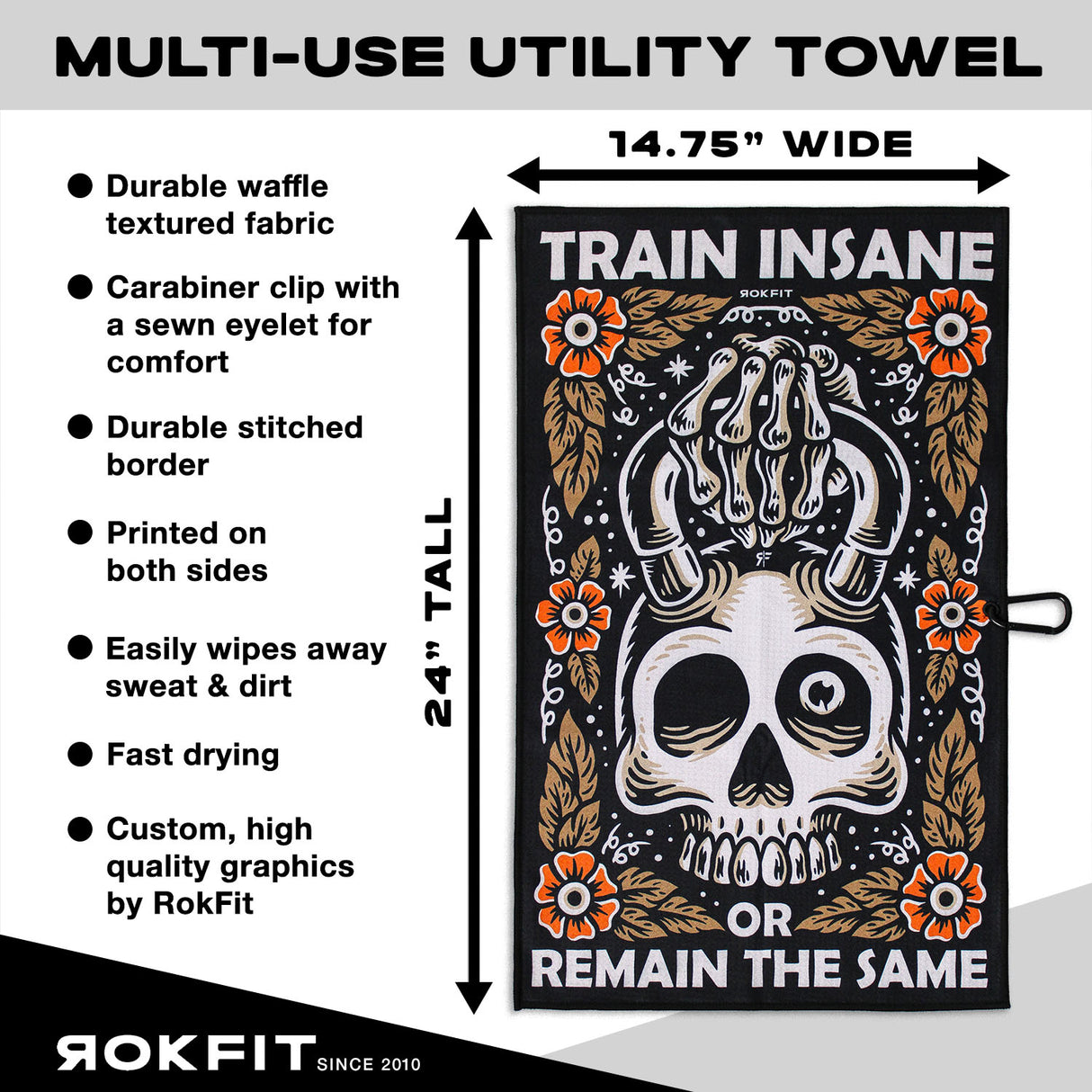 Utility Towel details showing 14.75-inches wide by 24-inches tall with 'Train Insane or Remain the Same' graphic