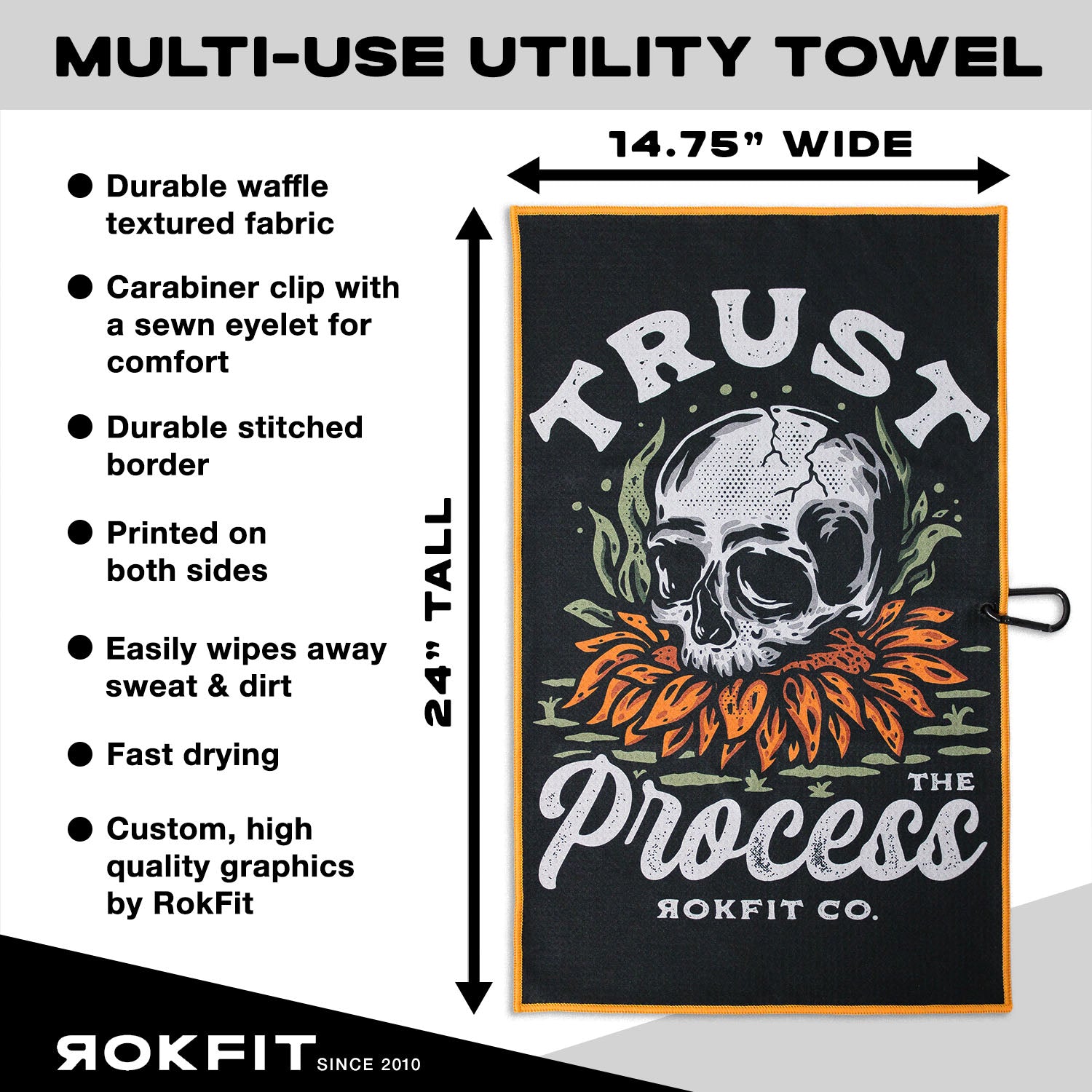 Utility Towel details showing 14.75-inches wide by 24-inches tall with 'Trust The Process' graphic
