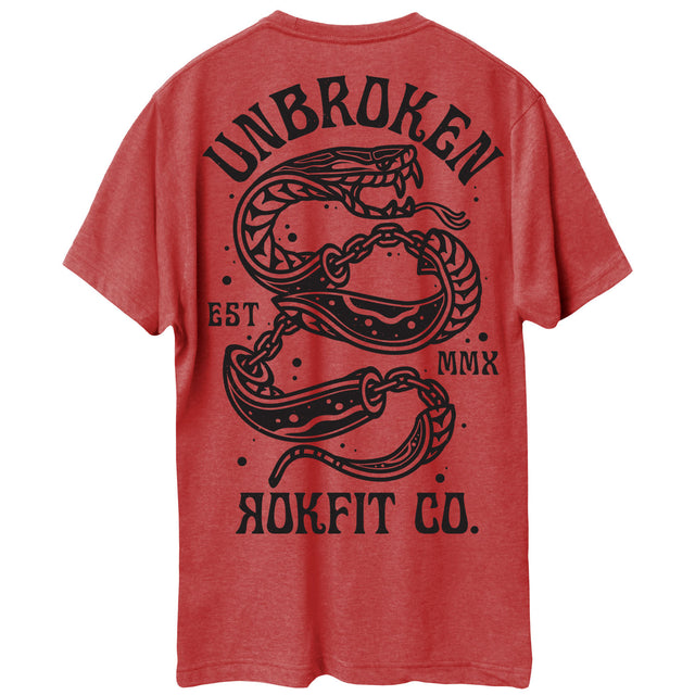 Back view of unisex heather red Active Tee with 'Unbroken' graphic