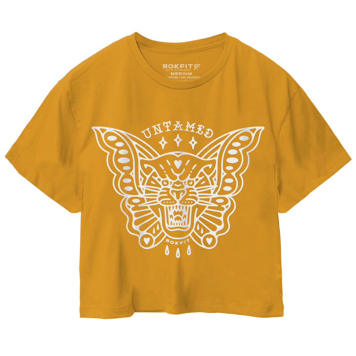 Front view of vintage gold women's crop t-shirt with 'Untamed' graphic