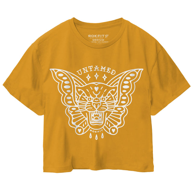 Front view of vintage gold women's crop t-shirt with 'Untamed' graphic