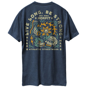 Back view of heather navy unisex Active Tee with 'Live Long, Be Strong' graphic