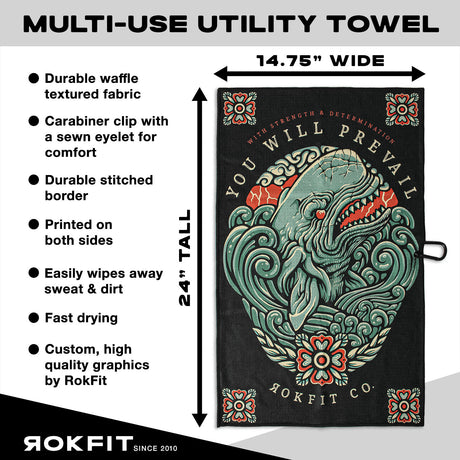 Utility Towel details showing 14.75-inches wide by 24-inches tall with 'You Will Prevail' graphic