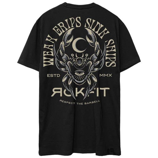 Back view of unisex black Active Tee with 'Weak Grips Sink Ships' graphic
