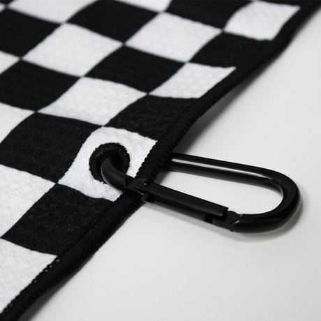 Close up of Utility Towel black carabiner clip with 'Checker' graphic