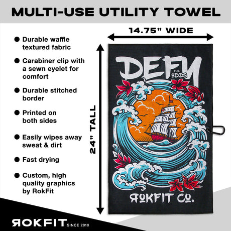 Utility Towel details showing 14.75-inches wide by 24-inches tall with 'Defy The Odds' graphic