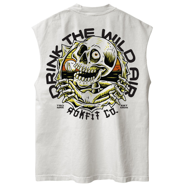 Back view of unisex white sleeveless Street Tee with 'Drink The Wild Air' graphic