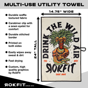 Utility Towel details showing 14.75-inches wide by 24-inches tall with 'Drink The Wild Air' graphic