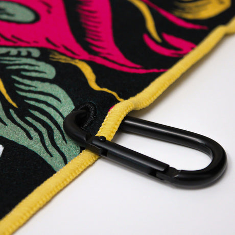 Close up of Utility Towel black carabiner clip with 'Eternal Bloom' graphic