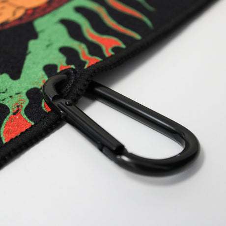 Close up of Utility Towel black carabiner clip with 'Face The Fury' graphic
