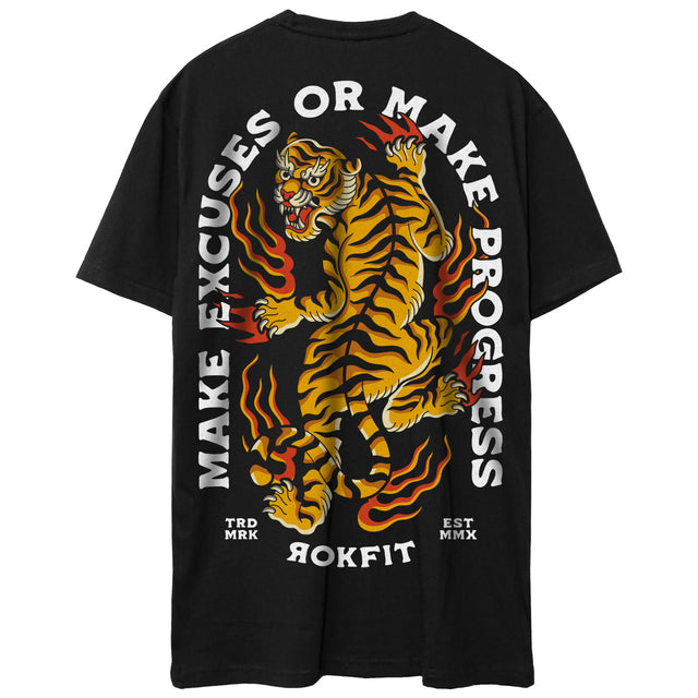 Back view of black unisex Active Tee with 'Make Excuses or Make Progress' graphic