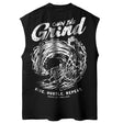 Back view of unisex black sleeveless Street Tee with 'Own The Grind' graphic