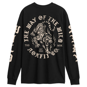 Black long-sleeve shirt with white tiger graphic and text on a white background